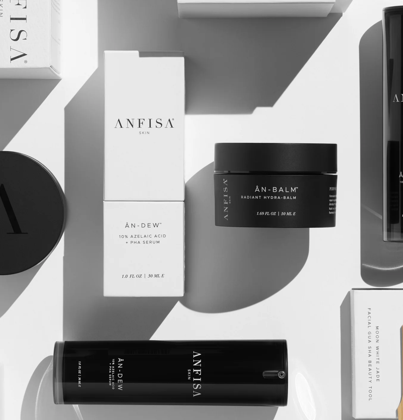 selection of Anfisa products including an balm the cult beauty product and an dew an azaelic acid serum 